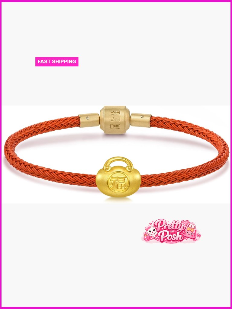 24k 999 Gold Charm Bracelet With 'Fu' Lock Charm 17cm